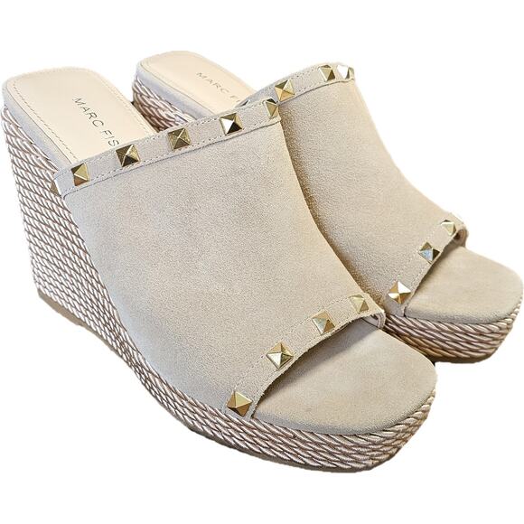 NWOT Marc Fisher Nude Suede Wedge Platform Espradille Sandals Studs Boho 8.5 - Picture 6 of 12